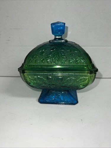 Vintage Jeanette Glass Blue Green Covered Candy Bowl Acorns Indiana Carnival