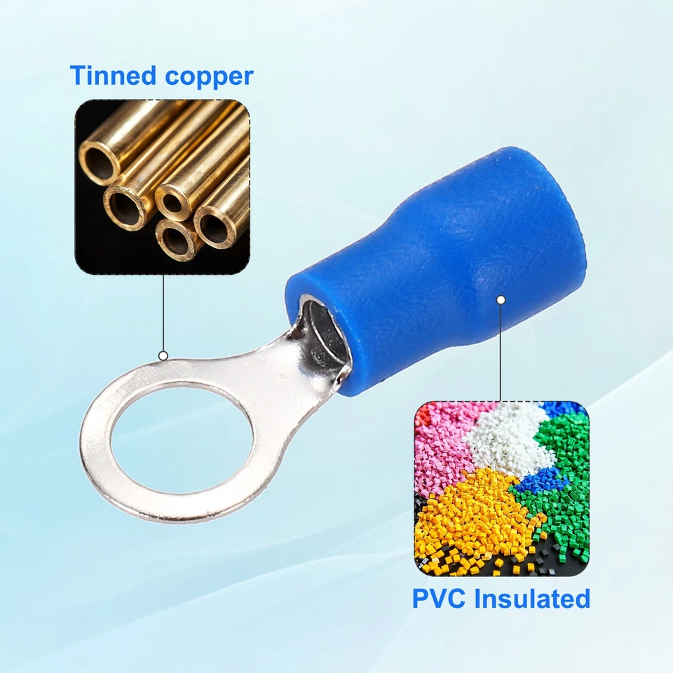 150Pcs Insulated Ring Terminal RVS2-5 Battery Lugs 16-14AWG Crimp Terminals Blue Foto 3 de 4