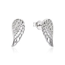 Sterling Silver Angel Feather Wing Earrings Half Paved Clear CZ