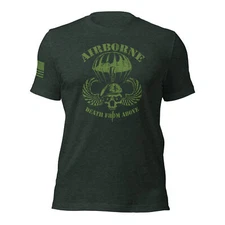 US Army Airborne T-Shirt Death From Above OD Green Flag on Sleeve Soft Tee S-5XL