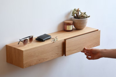 Floating entryway shelf with hidden drawers  narrow entryway table made of solid
