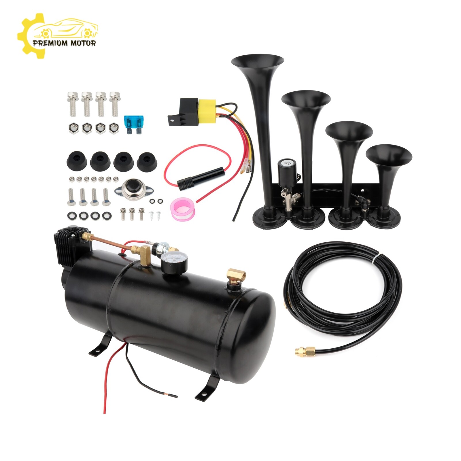 0.8Gal 150psi 12V Pressure Gauge 4 Trumpet Train Sound Air Horn Full System Kit
