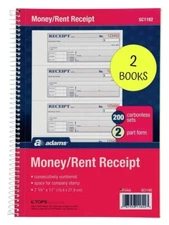 New PACK OF 2 — Adams Money / Rent Receipt Book, 2-Part Carbonless, 7-5/8" x 11"