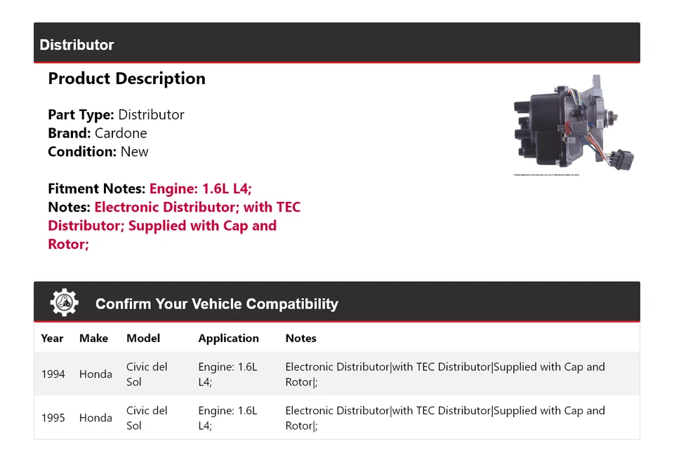 Для 1994-1995 Honda Civic del Sol 1,6 л L4 дистрибьютор Cardone - Изображение 2 из 4
