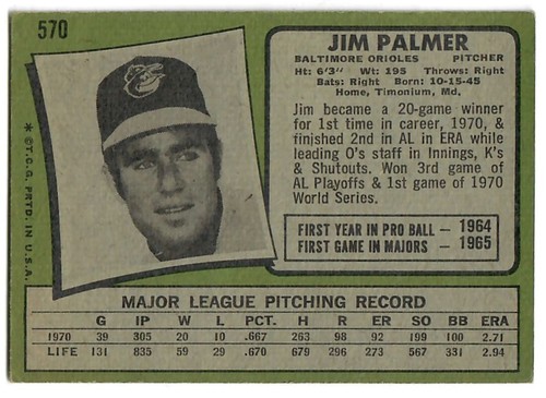 JIM PALMER ~ BALTIMORE ORIOLES ~ 1971 TOPPS BASEBALL CARD #570 ~ EXCELLENT - Picture 2 of 2