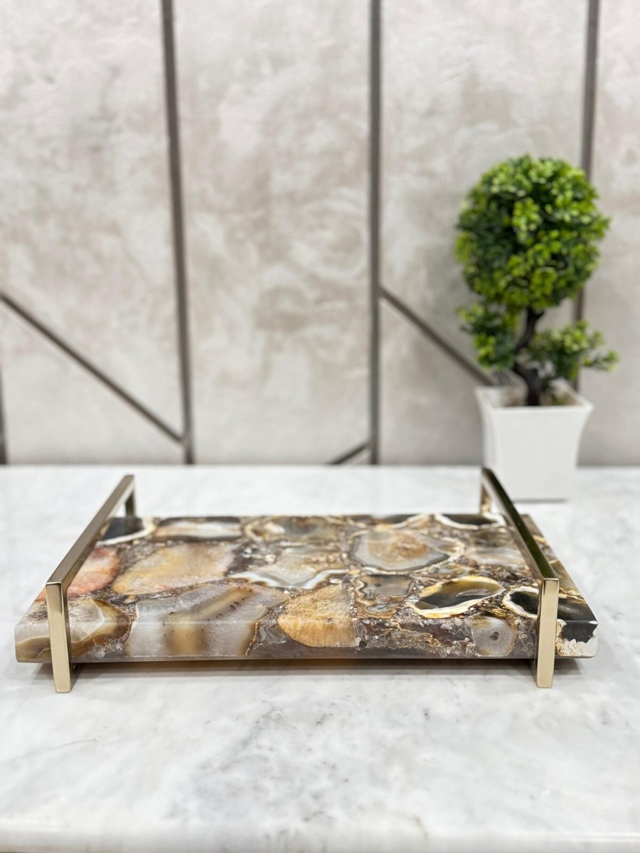 Handmade Natural Stone Agate Serving Tray Metal Handle | eBay