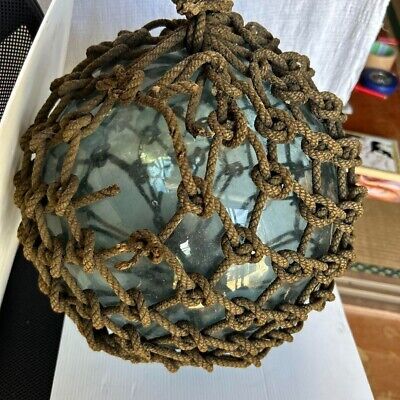 Japanese Large Glass Fishing Float Buoy Ball Net Vintage Blue Object 13  inch
