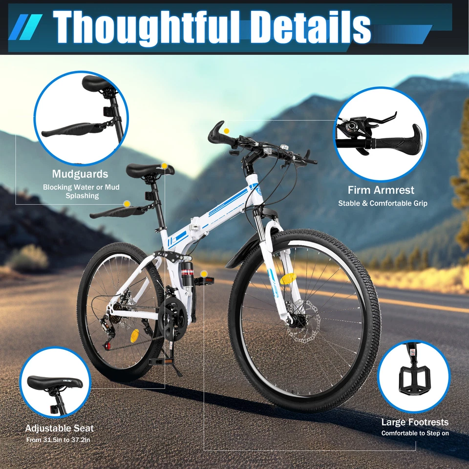 26" Mountain Folding Bike, 21-Speed Gears MTB Bicycle U-Shaped Shock-Absorbing - Image 3 of 4