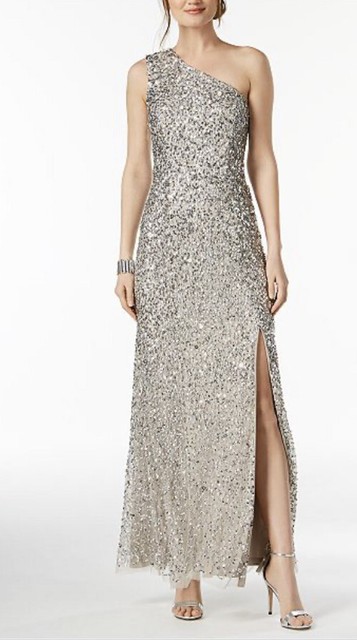 adrianna papell one shoulder sequin gown