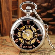 Mens Pocket Watch Mechanical Silver Case Hollow Hands Chain Hand-winding Luxury