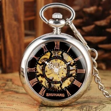 Mens Pocket Watch Mechanical Silver Case Hollow Hands Chain Hand-winding Luxury