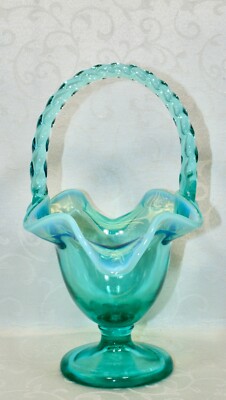 Fenton, Basket, Robins Egg Blue Glass, Opalescent Glass.