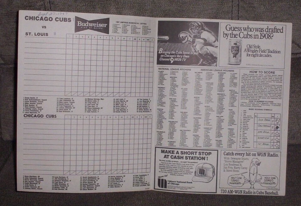 1987 Chicago Cubs vs St. Louis Cardinals Sept.27 Scorecard Harry Cary Bud Man - Image 3 of 4