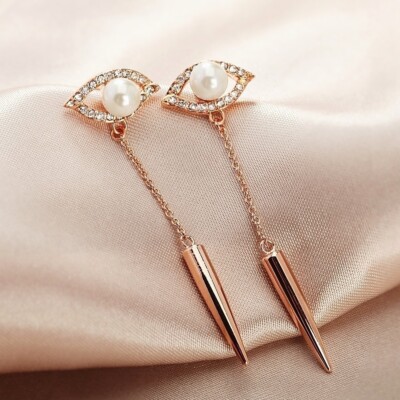 18K Rose Gold Filled Made With SWAROVSKI Pearl Stylish Eye Spike Drop Earrings