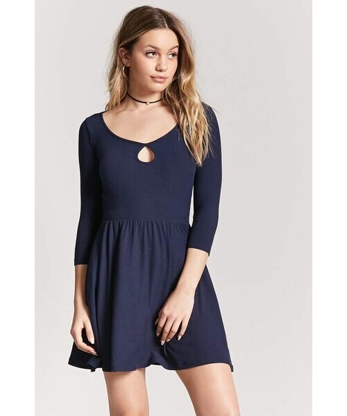 NWT FOREVER 21 Keyhole Scoop Neck Ribbed Empire Waist Fit & Flare Skater Dress S