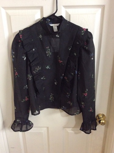 Nuevo Mujer H\u0026M Negro Transparente Floral Camisa con Volantes Botones  Cuello | eBay