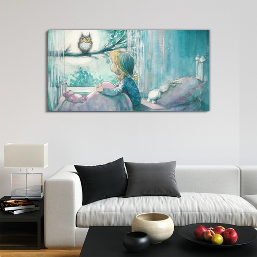 Glasbilder Wandbild Druck auf Glas 120x60 Mädchen im Bett sieht die Eule an - Bild 2 von 7