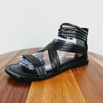 Garnet Hill Sandals 6.5 Giselle Italian Strappy Gladiator Black Leather Zip Back