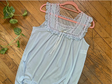 Vtg 70s Baby Blue Nylon Nightgown M Ruffle Lace Flower Bow Coquette Sears USA