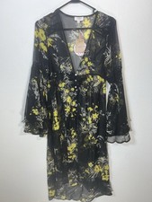 Umgee Floral Long Kimono Cardigan Boho Whimsical Festival Size S Duster Yellow