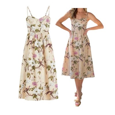 H&M Korsett Kleid Leinenmischung Vögel Blumenmuster Cut Out Rücken Cottagecore Gr. XS