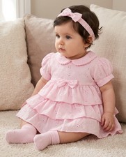 Baby Girl Dress Set Outfit Broderie Anglaise Frilly Bow Headband Pink