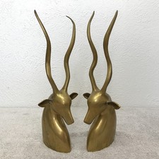 Vintage Brass Antelope Gazelle Impala Kudu Bust Bookends MCM Art Deco 13”