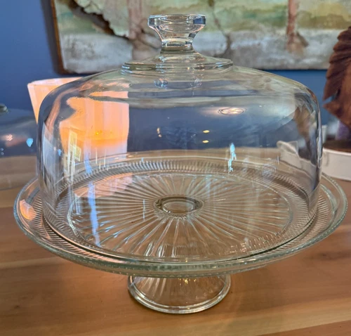 New ListingVintage Anchor Hocking Pedestal Glass Cake Stand with Dome, w/ Starburst Pattern