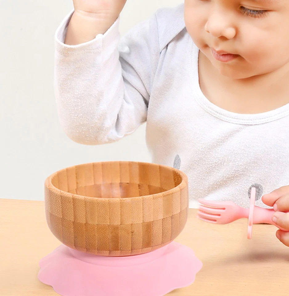 Baby Bambusschalen-Set Bambusschüssel mit Saugnapf und Löffel Babys Kleinkindern - Bild 3 von 4