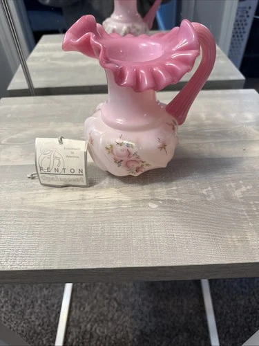 Fenton Pink Opalescent Rose Pitcher Signed V Ahern Original Hang Tag