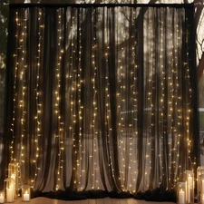 10x10ft Black Tulle Backdrop Curtain with Lights String for Wedding Parties
