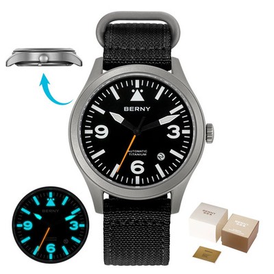 BERNY Pilot Titanium Automatic Watch for Men Sapphire AR Coated 10Bar 10ATM