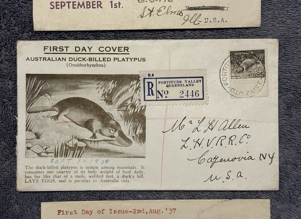 1937–38 Australia Registered FDC Lot 3x Kookaburra Platypus KGVI to USA Postal - Image 3 of 4