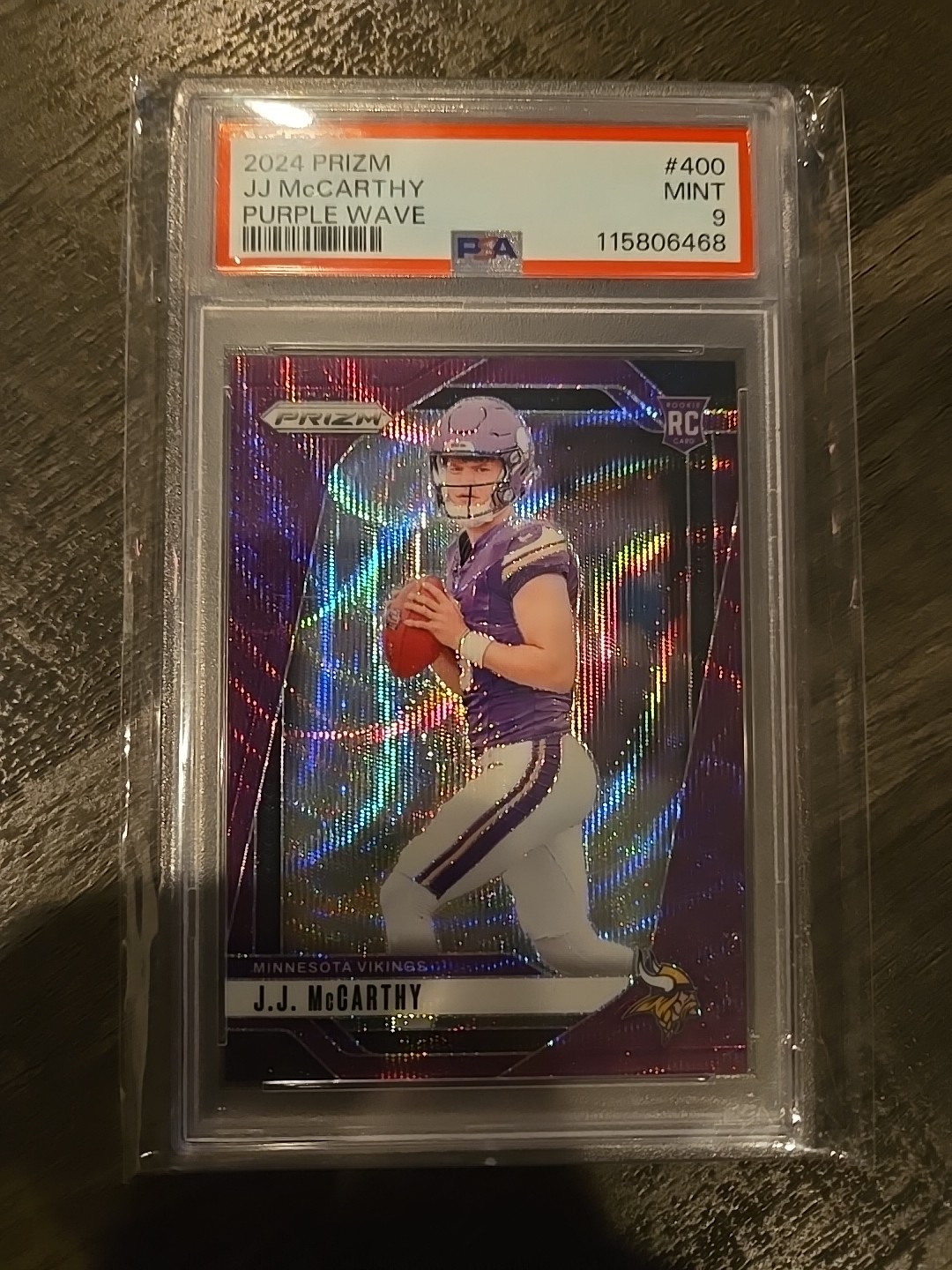2024 Panini Prizm Rookies J.J. McCarthy #400 Purple Wave Prizm /99 (RC) PSA 9