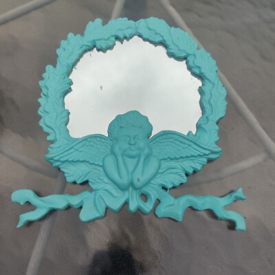 Antique 10'' Cast Iron Mirror Cherub Angel Teal 