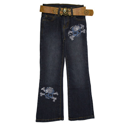 2B Real Girls Stretch Blue Jeans Pants 1B-with Brown Belt & Skull Buckle 04 - 16