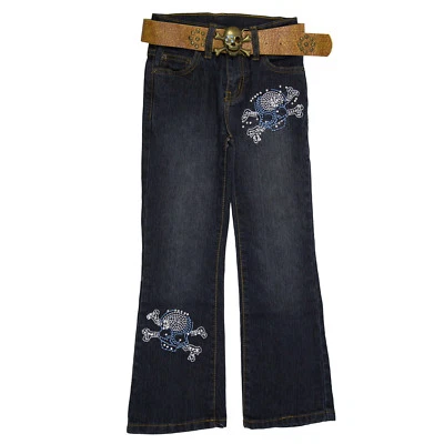 2B Real Girls Stretch Blue Jeans Pants 1B-with Brown Belt & Skull Buckle 04 - 16 - Image 1 of 2