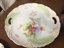 Unmarked 11" Handled Hand Painted Plate Multicolored Flowers Green & Gold Accent