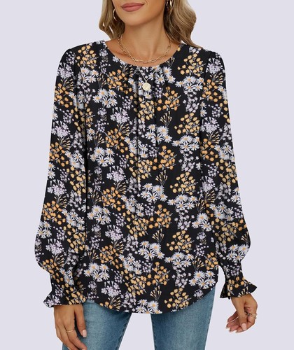 Funlingo Womens Tops Blouses Dressy Casual Long Sleeve Shirts Crew Neck Loose - Picture 46 of 133