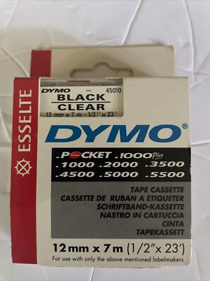 ESSELTE DYMO TAPE CASSETTE BLACK/Clear45010 LABELS CARTRIDGE ! 1/2 +23 .12mm+7m.