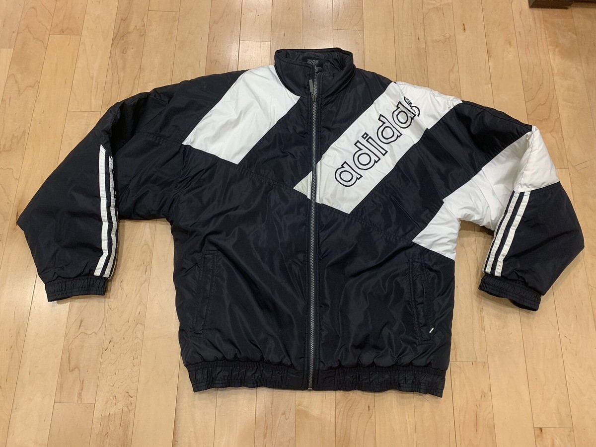 Adidas Puffer Jacket Full-Zip 90s Vintage Sports Coat, Black, Mens