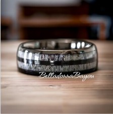 Silver Stainless Steel Mens Wedding Ring Black With Wood Grain Band