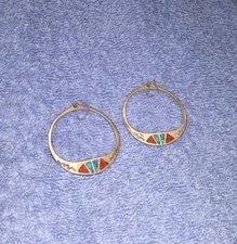 Vintage Earrings Turquoise Coral Sterling Silver 8.1 Grams Large Hoop Zig Zag