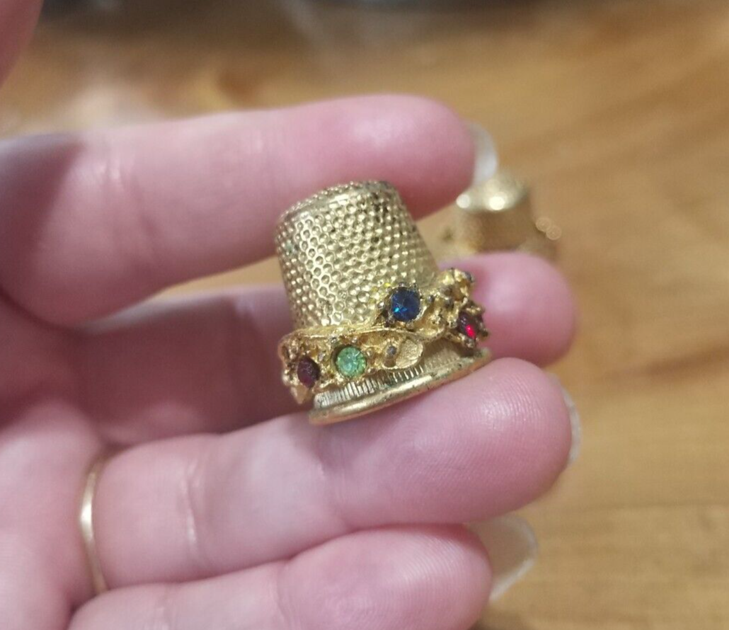 2 vintage gold toned metal ornate thimbles with rhinestones eBay