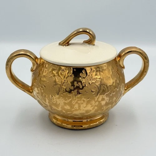 Vintage McCoy 24K Weeping Gold Sugar Bowl w/ Lid 4.5” Tall - Beauty!
