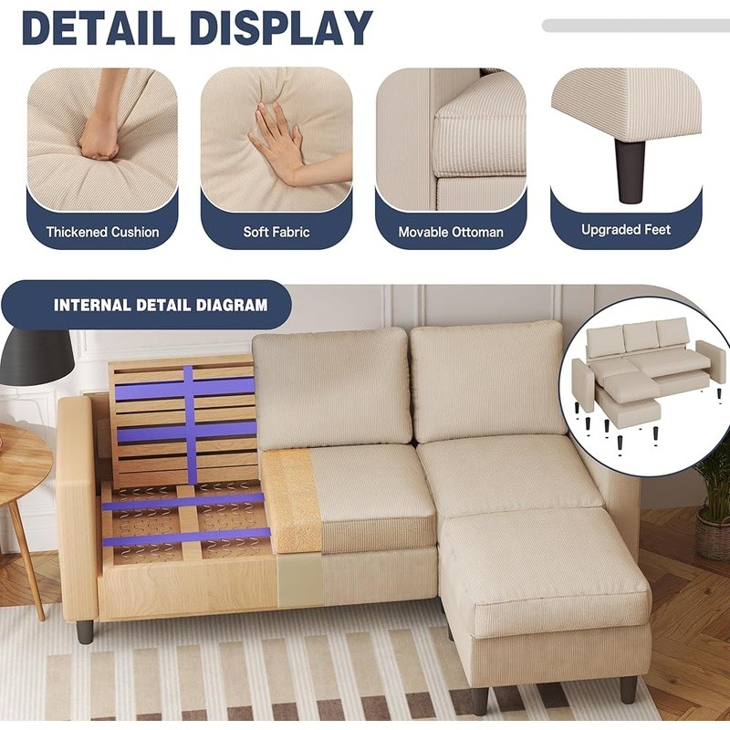 L Shaped Sofa Small Space Sectional Couch W/ Movable Ottoman Living Room New