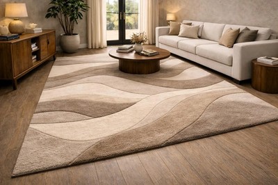 Hand Tufted Sculpted Organic Neutral Wool Area Rug   Modern High Low Area Rug.