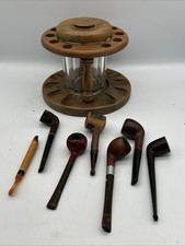 MTB- Vintage Estate Lot Of 6 Used Tobacco Pipes With Glass Jar And Tobacco Rack