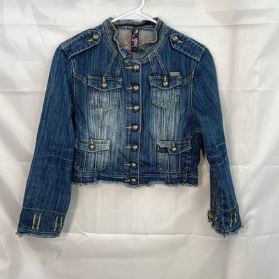 Akademiks girl's blue denim distressed embroidered cotton stretch button jacket