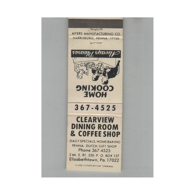 Matchbook Cover Clearview Dining Room & Coffee Shop Elizabethtown PA #2